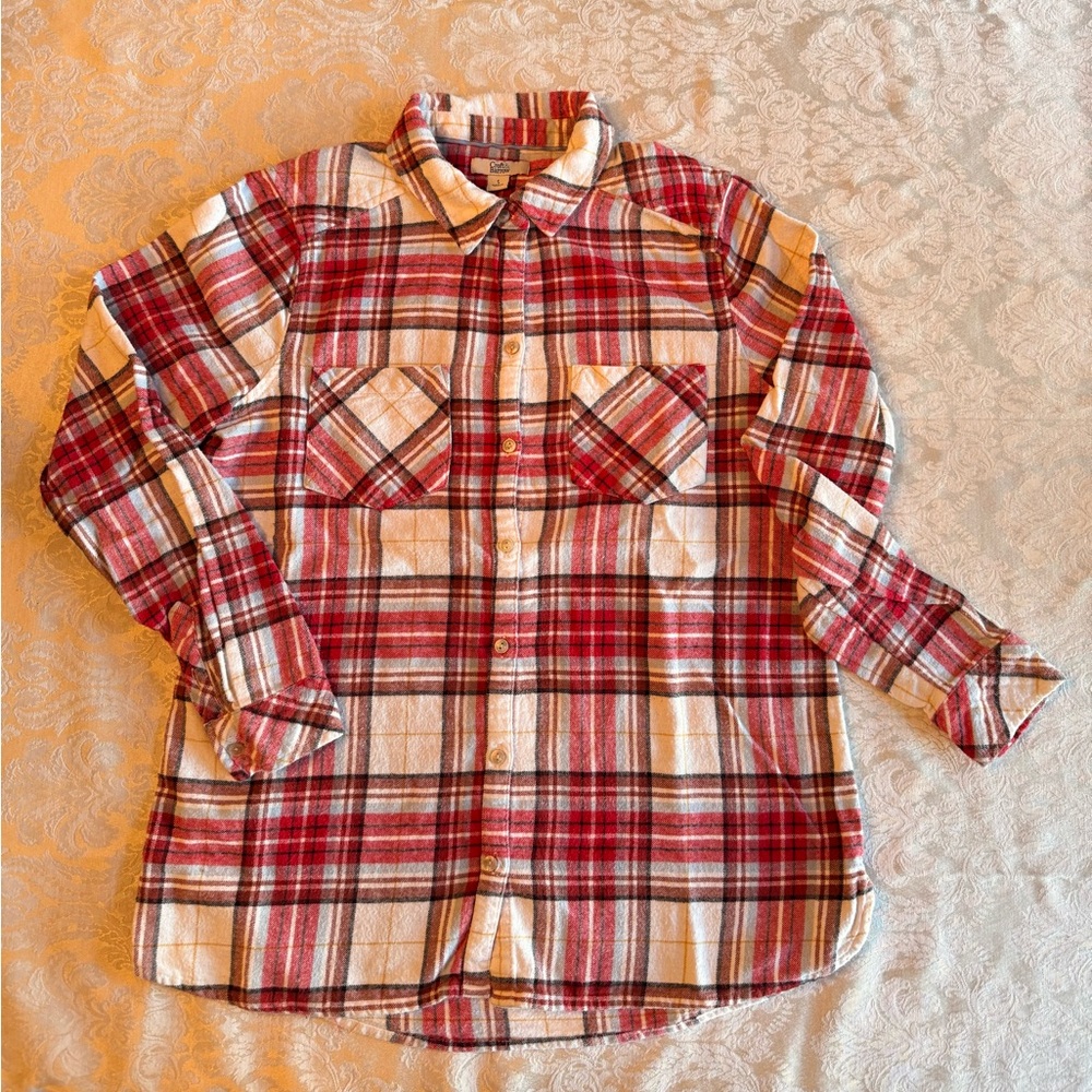 Woman’s Classic Red and White Plaid Flannel Button Down Shirt